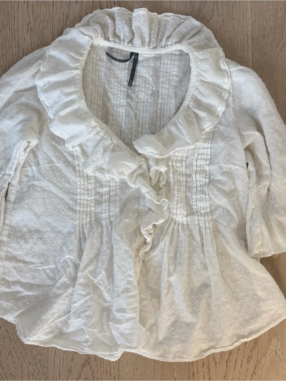 Anthropologie Women's Cream Ruffled Swiss Dot Blouse Sz XS